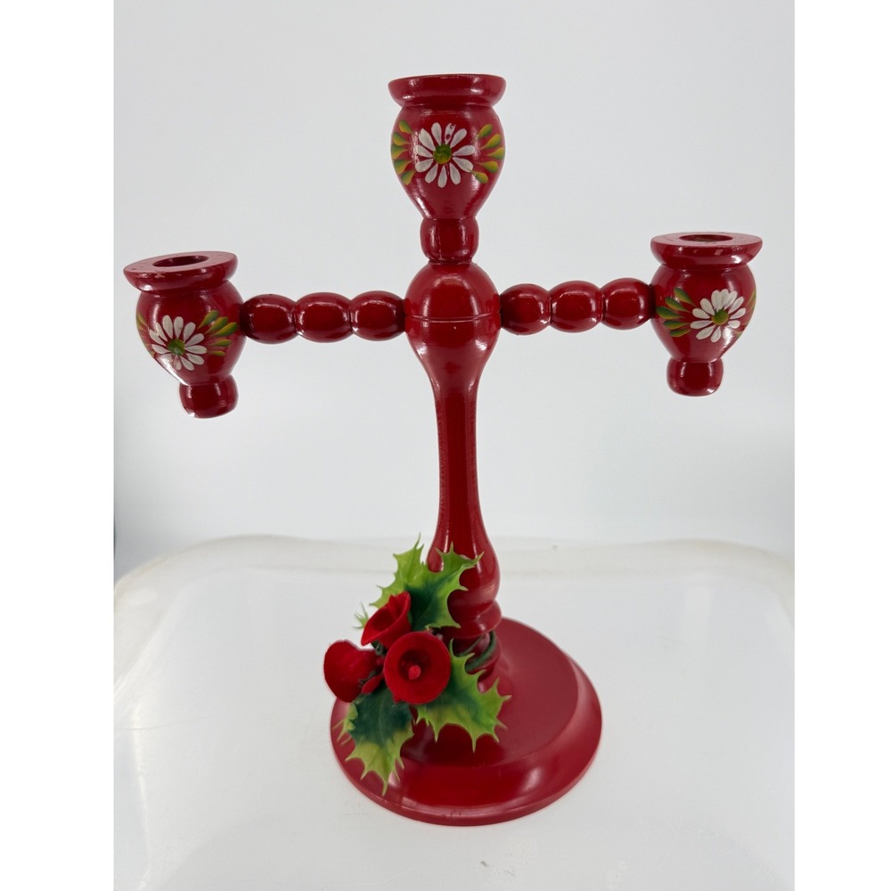 Vtg Red Wood 3 Arm Candelabra Candle Holder Scandinavian Folk Art Christmas